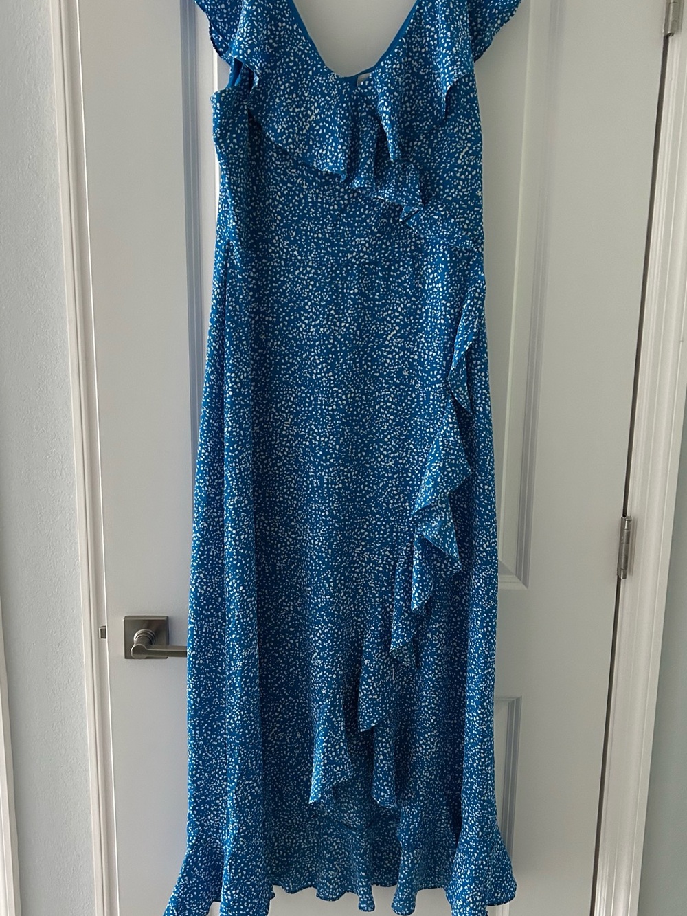 London Times Blue Speckled Ruffle Maxi Dress